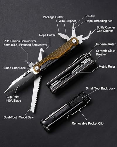 VIPERADE VAK7 14-in-1 EDC Multitool Pocket Knife with Saw, Glass Breaker, Awls, Bottle and Can Opener, Wire Stripper, Screwdriver for Camping, Hiking and Outdoor Activities (PEI)