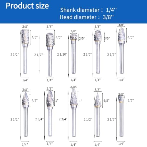 10PCS Tungsten Carbide Burr Set, 3/8" Head 1/4" Shank HRA90 Rotary Burr Bits, for Metal Grinding, Wood Carving, Deburring,Engraving, Drilling
