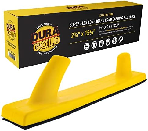 Dura-Gold Pro Series Super Flex Longboard Hand Sanding File Block with Both Hook & Loop Backing and PSA Backing Conversion Adapter Pad with 80 Grit Gold PSA Longboard Sandpaper