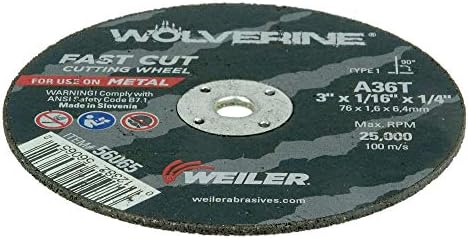 Weiler 56065 3-Inch Cutting Wheel, Wolverine AO Steel/Metal Fast Cut, Value Cutting, 1/16" A36T Type 1 1/4" Arbor (Pack of 100)