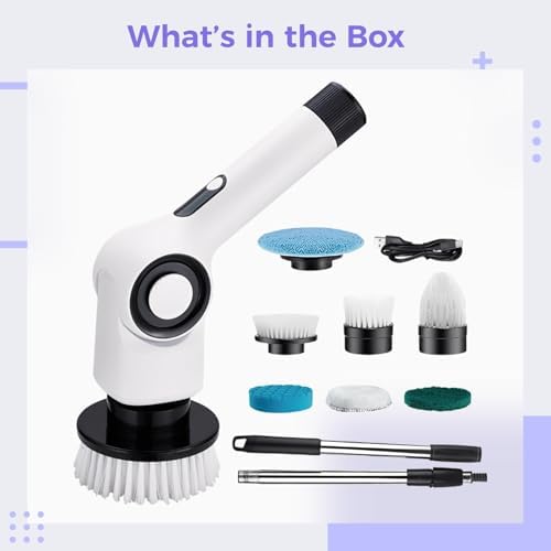 Electric Spin Scrubber, 7-in-1 Cordless Shower Cleaner with Extension Handle, Bathroom Power Scrubber, 450 RPM, 3 Speeds, IPX7 Waterproof, 8.2 x 5 x 2.5 in / 20.75 x 12.7 x 6.3 cm