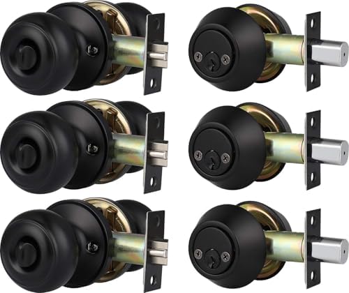 3 Pack Keyed Alike Entry Door Knobs and Double Cylinder Deadbolt Lock Combo Set, Matte Black Finished Door Lock Set, Round Style Door Knobs Deadbolt