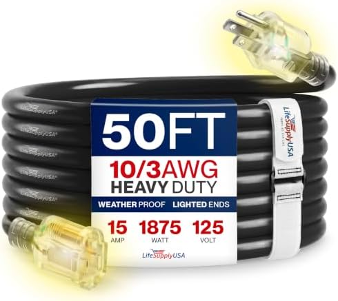 50ft Outdoor/Indoor Extension Cord 10/3 Gauge Ultra Heavy Duty 3 Prong SJTW, Waterproof, Flexible Cold-Resistant Long Power Cord,15A 125V 1875W, Black by LifeSupplyUSA