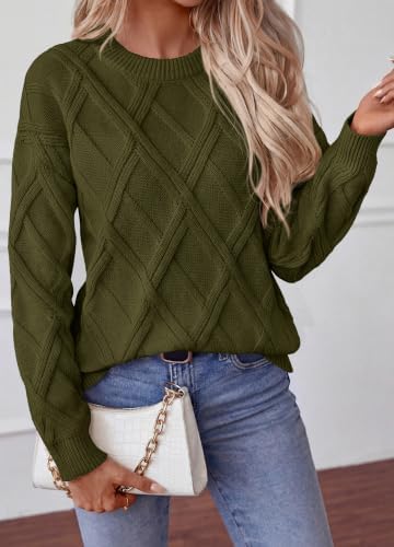 Okiwam Women's Long Sleeve Sweaters Crewneck Cable Knit Pullover