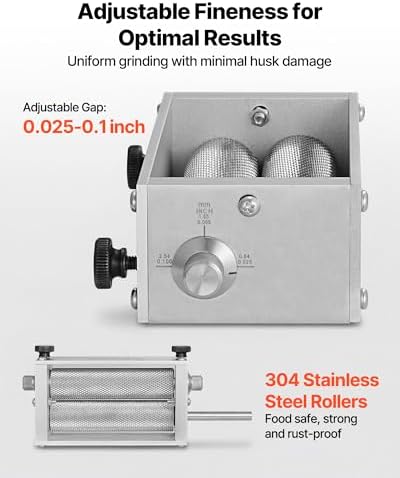 VEVOR Manual Grain Mill, Homebrew Malt Grinder, Adjustable Barley Mill Crusher for Wheat Beer Brewing - with 2 Stainless Steel Rollers, 1.06 Gallon Hopper & Metal Base Plate