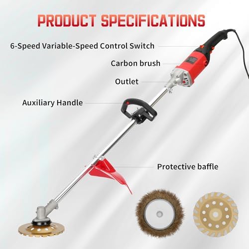 Electric Concrete Grinder Machine & Polisher, 6-Speed 110V Heavy Duty Floor Grinder for Concrete, Cement & Wall Grinding, Rust & Coating Removal, 180mm Diamond Disc & 200mm Wire Brush