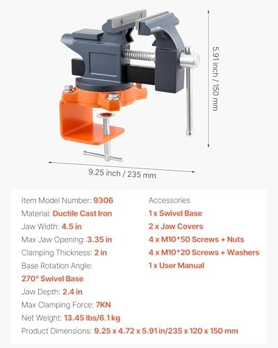 VEVOR Bench Vise, 4.5 Inch, Portable Workbench Vice with 270° Swivel Base, Quick Release Rotating Bench Clamp, Cast Iron Construction, for Woodworking, Metalworking, Drilling, Sawing, Cutting Conduit