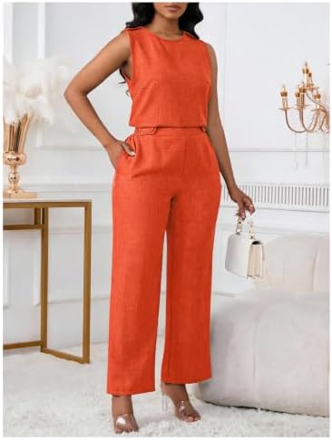Floerns Women's 2 Piece Sets Dressy Outfits Bussiness casual Crew Neck Sleeveless Blouse and Elegant Pants Set