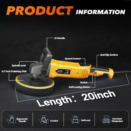 Buffer Polisher, 1600W Rotary Car Buffer, 6 Inch/7 Inch, Yellow
