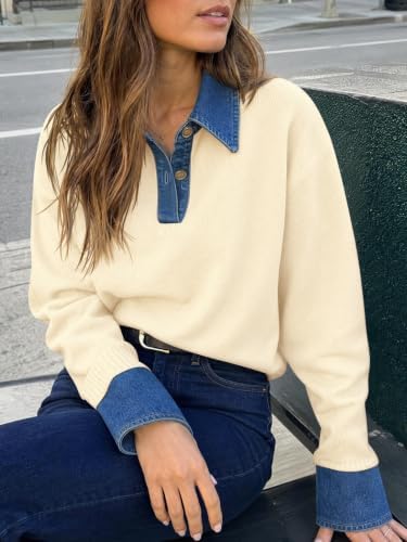 Saodimallsu Womens Denim Patchwork Sweaters V Neck Polo Pullover Tops