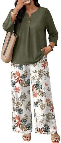 WIHOLL Two Piece Sets for Women 3/4 Length Sleeve Lounge Sets Summer Spring Vacation Travel Outfits Fashion Clothing