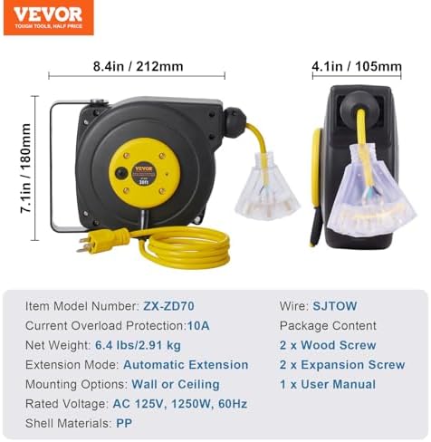VEVOR Retractable Extension Cord Reel, 30 FT, Heavy Duty 16AWG/3C SJTOW Retractable Power Cord Reel with Lighted Triple Tap Outlet 10 Amp Circuit Breaker 4.5FT Lead-in Cord, for Ceiling or Wall Mount