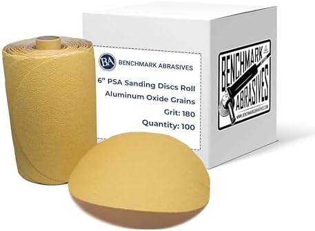 Benchmark Abrasives Professional Gold 6-Inch PSA Sanding Discs Aluminum Oxide 180 Grit Self-Adhesive DA Sandpaper for Automotive Orbital Sanders (100 Pack)
