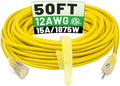 POWGRN 50 ft 12/3 Outdoor Extension Cord Waterproof Heavy Duty with Lighted Indicator End 12 Gauge 3 Prong, Flexible Cold-Resistant Long Power Cord Outside, 15Amp 1875W SJTW Yellow ETL Listed
