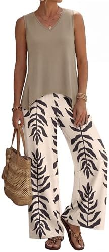 WIHOLL Two Piece Sets for Women Dressy Lounge Sets Summer Outfits Cruise Travel Beach Vacation Casual Wide Leg Pants Set