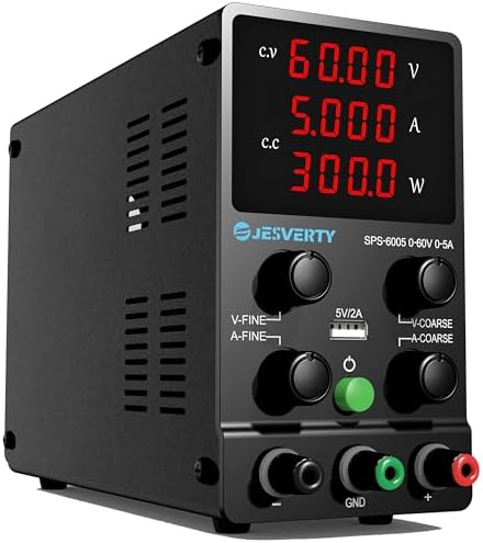 DC Power Supply Variable, 0-60V 0-5A Adjustable Switching DC Regulated Bench Power Supply with High Precision 4-Digit LED Display, 5V/2A USB Port, Coarse and Fine Adjustment SPS-6005