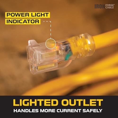 IRON FORGE CABLE 6 Foot Lighted Outdoor Extension Cord - 12/3 SJTW Heavy Duty Yellow Extension Cable with 3 Prong Grounded Plug for Safety, 15 AMP - Great for Garden and Major Appliances