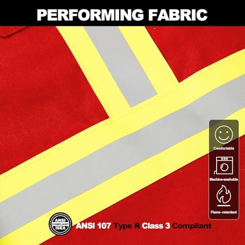 FR Shirts for Men 7oz High Visibility Fire Resistant Shirts CAT2 Welding Shirt 100% Cotton Hi Vis Flame Resistant Shirt Red(6X-Large)