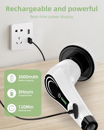 8-Head Cordless Electric Spin Scrubber, Adjustable Handle, White
