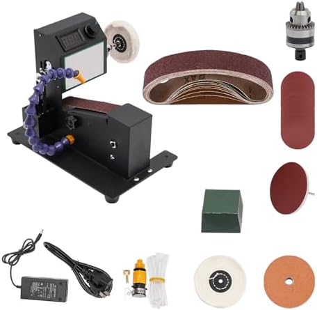 350W Electric Bench Sander Disc Sander with 10 Abrasive Belts and Papers, Tabletop Random Orbital Sander Belt Sander for Woodworking, DIY, Metal, Stone Black 110V 8500RPM