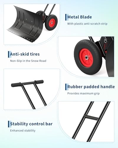 40" Heavy-Duty Steel Snow Pusher with Wheels, Adjustable Ergonomic Handle & 45° Angled Blade for Efficient Driveway & Sidewalk Clearing