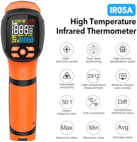 Infrared Thermometer Temperature Gun,-40℉~2912℉ Pyrometer, 50:1 High Temp Thermometer with Thermocouple Probe, Non-Contact Digital IR Laser Thermometer for Industrial HVAC Forge Metal
