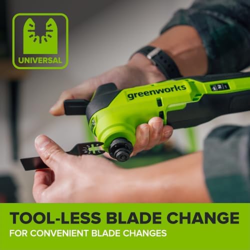 Greenworks 24V Brushless Cordless 18,000 OPM Oscillating Multi Tool Tool Only with Woodcutting Blades and Sanding Pad with Sheets Included,8 Speed Settings+20PC Multi-Tool Hook and Loop Sanding Kit