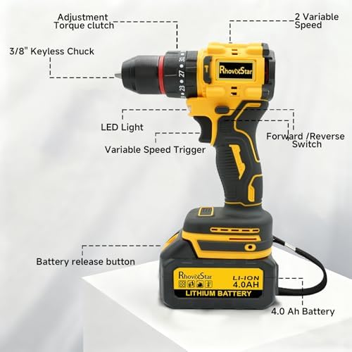 Cordless Drill Set, Power Drill Tool Set 20V, 40 NM.Max Torque, 3/8-Inch Keyless Chuck Drill Gun,Variable Speed (Equipped with 2x 4.0Ah Batteries)