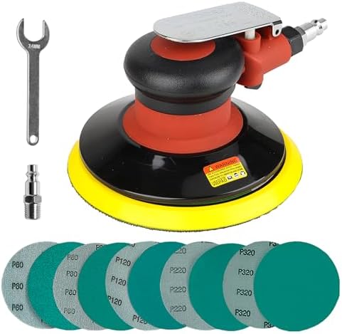 6 inch Air Random Orbital Sander, MAX 12000 RPM 3/16" Orbit Heavy Duty Dual Action Pneumatic Palm Sander, for Auto Body Woodworking Metal, with 10 Sandpapers & Extra Backing Pad
