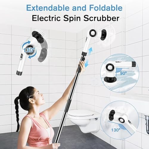Electric Spin Scrubber, Electric Cleaning Brush, Multifunctional 360 Automatic Rotation Cordless Spin Scrubber with 7 Replaceable Brush Heads for Cleaning Bathroom Kitchen and Floor