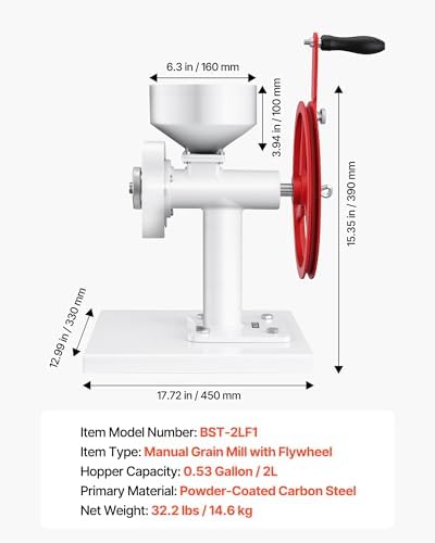 VEVOR Manual Grain Mill with Flywheel, Hand-Crank Corn Grinder, Heavy-Duty Carbon Steel Wheat Grinding Mill with Adjustable Fineness & 0.53 Gallon Hopper for Grains Spices Coffee Beans Nuts