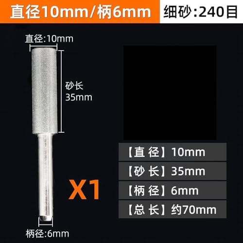 6-40mm Diamond Grinding Wheel Cylinder Shape, 240 Grit Mounted Points for Lapidary Glass Stone Carving, 6-8mm Shank Rotary Accessories (1 PC)(10mm)
