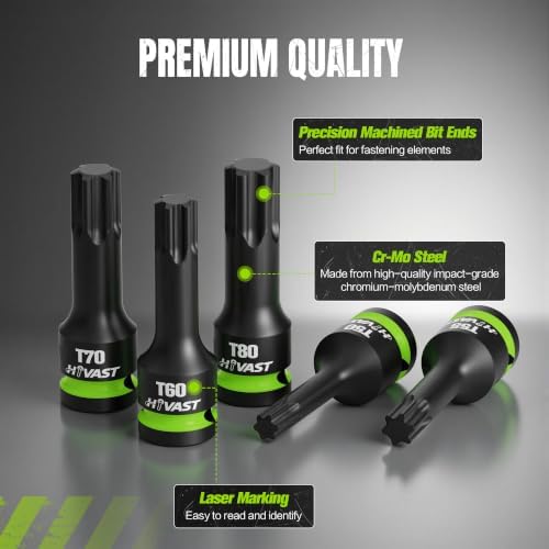 Impact Torx Bit Socket Set, 8-Piece 1/2” Drive T30–T80, Cr-Mo Steel | Heavy Duty Star Bit Sockets, Impact Wrench Ready for Automotive Repair