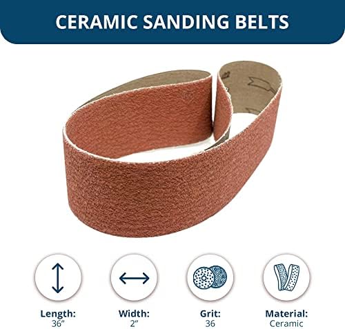 Benchmark Abrasives 2" x 36" Ceramic Sharpening Sanding Belts for Grinding Deburring Polishing Rust Removal on Metal, Stainless Steel, and Carbon Steel, Use with Belt Disc Sander (6 Pack) - 36 Grit