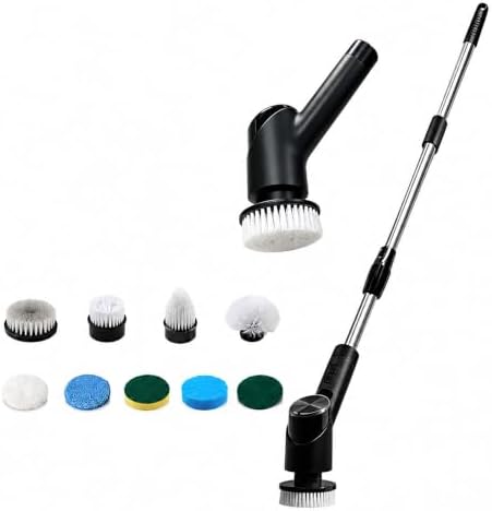 Electric Spin Scrubber for Bathroom, Cordless Power Scrubber with Extendable Handle, 3 Speeds, Digital Display and 8 Brush Heads for Shower, Bathtub, Tile, Grout, Floor and Kitchen,Black