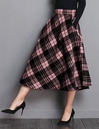 IDEALSANXUN Womens Plaid Wool Skirts Elastic Waist A-Line Pleated Tartan Long Skirts