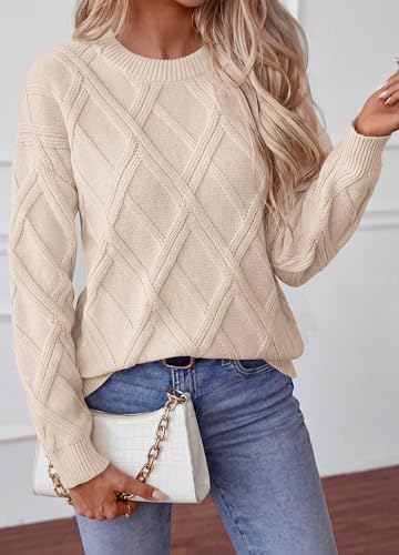 Okiwam Women's Long Sleeve Sweaters Crewneck Cable Knit Pullover