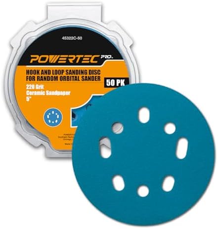 POWERTEC PRO 50PK, 5 Inch Sanding Discs Hook and Loop, 220 Grit, Ceramic Orbital Sander Sandpaper for 5 & 8 Hole Random Orbital Sanders - Automotive, Paint, Metal, Woodworking (45322C-50)