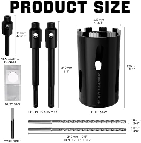 Diamond Core Drill Bit 4-3/4"(120mm) with Pilot Bit & Adapters (SDS Plus & Hex) – Upgraded Welded Segments, 8.6" Depth – for Concrete, Solid Brick, Hollow Brick, Masonry & More
