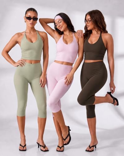 Workout Capri Gym Set for Women - 2 Piece Yoga Set with Leggings Halter Top