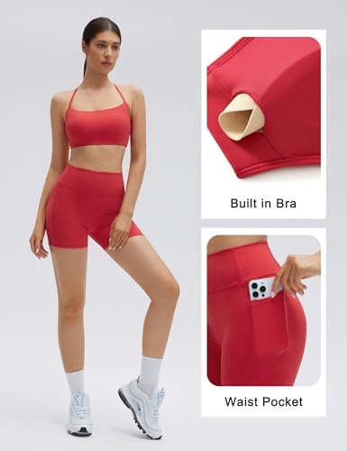 SUUKSESS Women 2 Piece Workout Sets Padded Halter Sports Bras High Waisted Biker Shorts with Pockets