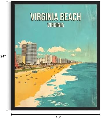 Virginia Beach Virginia Black Framed Wall Art Print Poster, US Vintage Retro Beach Scenery Posters Prints for Restroom Home Picture Painting Artwork Gallery 219 (Virginia Beach Virginia, 24"L x 18"W, Black Frame)