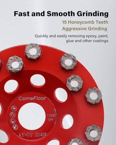Diamond Grinding Cup Wheel for Hard Concrete Floor, Epoxy Coating Removal, 15 Aggressive Honeycomb Segments, 4.5 Inch 7/8" Arbor, 30/40 Grit