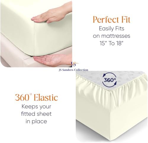 JS Sanders Collection 600TC Flex Top Queen Sheets for Sleep Number Bed - 100% Cotton 4 Pcs Top Split Queen Sheets for Adjustable Bed Queen 32 Inch Down Ivory -18 Inch Deep