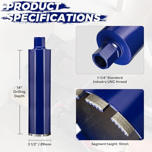 3-1/2 Inch Core Drill Bit for Concrete with Rebar - 14" Depth Core Bits, Wet Use, 1-1/4"-7 UNC, Upgraded Welded Teeth for Brick, Block, Masonry, Stucco, Alsphalt - Great for DIY & Pros (89mm)