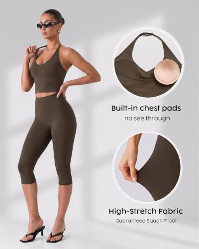 Workout Capri Gym Set for Women - 2 Piece Yoga Set with Leggings Halter Top