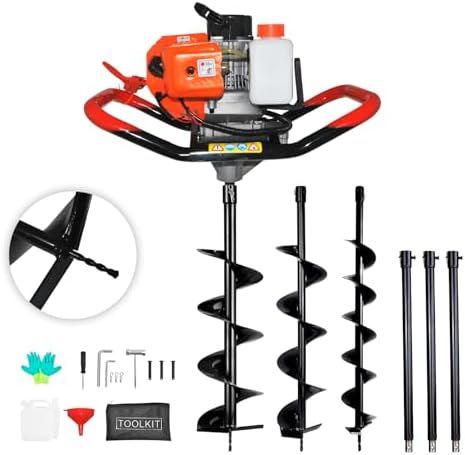 62cc 2.8HP Post Hole Digger Gas Powered, Gas Earth Auger/Ice Auger, with 2 Drill Bits 3"/6"/8" + 3 Extension Bar, One Man Earth Auger for Planting Fence, EPA Compliant Post Hole Auger