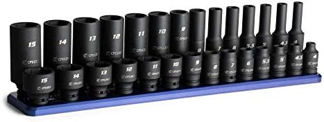 Capri Tools 1/4 in. Drive Shallow and Deep Impact Socket Set, 4 to 15 mm, Metric, 28-Piece with Billet Aluminum Socket Rail