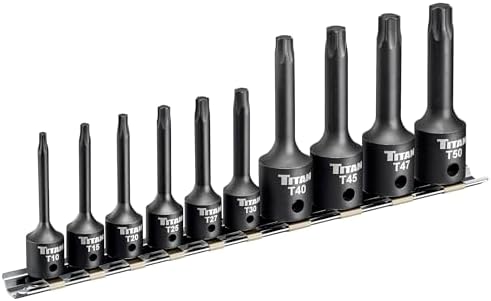 Titan 49007 10-Piece Impact Torx Bit Socket Set, Sizes T10 thru T50, S2 and 6150 Alloy Steel, Extra-long Design for Greater Reach and Access, Metal Storage Rail