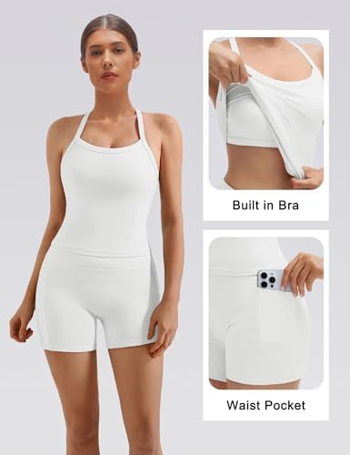 SUUKSESS Women 2 Piece Workout Sets High Waisted Biker Shorts with Pockets Built in bra Racerback Tank Tops